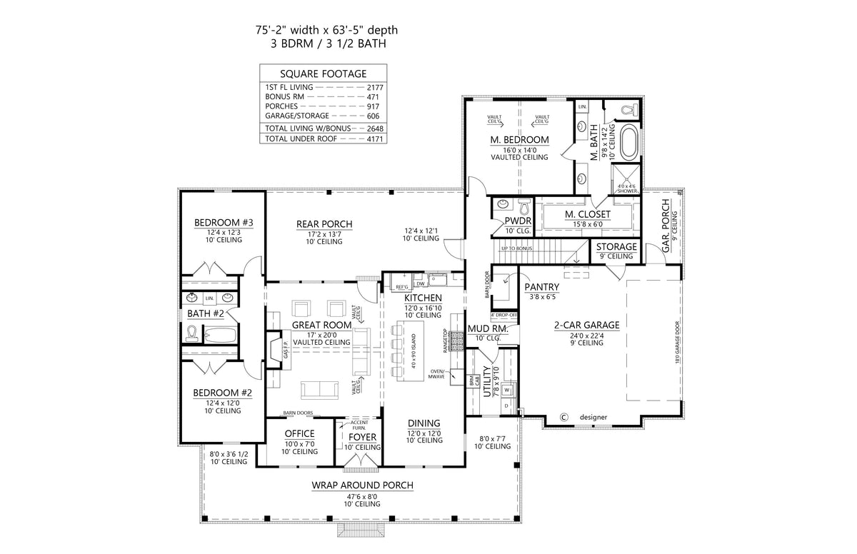 C7818-A Farmhouse Style House Plan, 3 Beds, 3.5 Baths Main Floor Plan