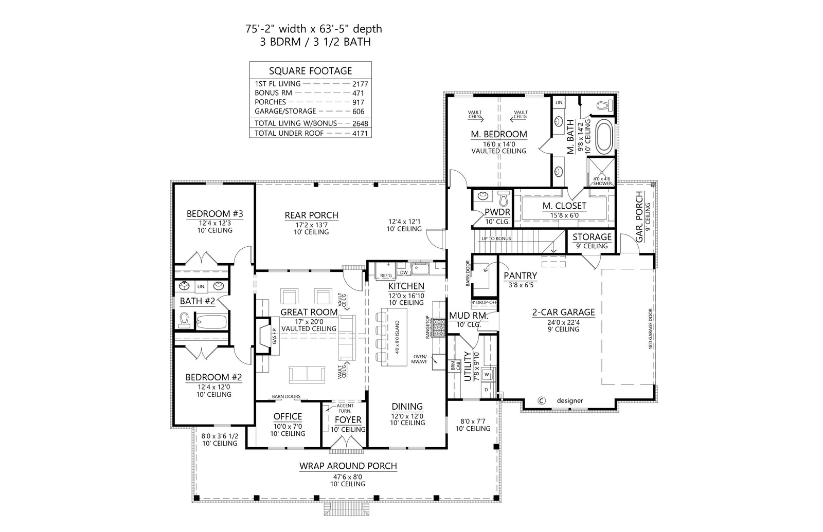 C7818-A Farmhouse Style House Plan, 3 Beds, 3.5 Baths Main Image
