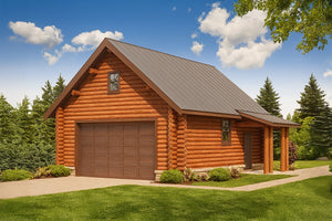 Cozy 1-Bedroom Log Cabin Home Plan with 2-Car Garage – 960 Sq Ft