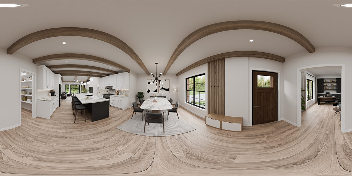 AJ7727-A Modern Farmhouse Entry Panorama, 3 Bedrooms, 2 Bathrooms | Plan 1064 