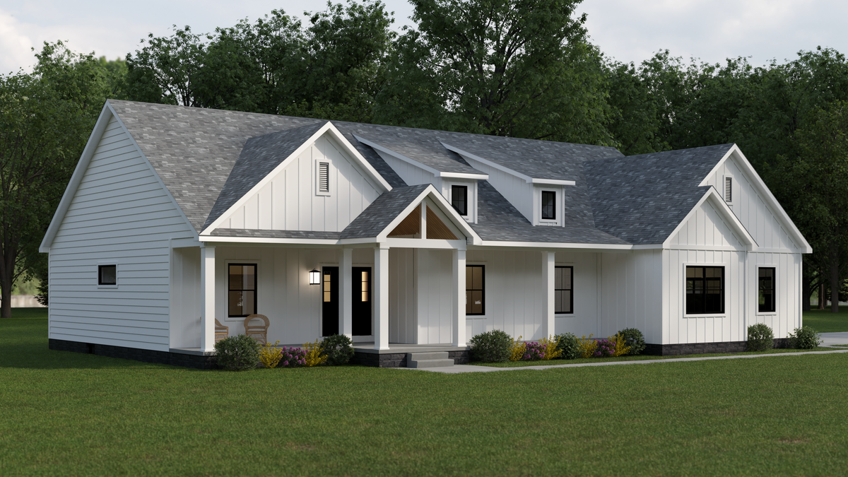 AJ7693-A Farmhouse Ranch House, 3 Bedrooms, 2 Bathrooms | Plan 1031 Exterior-2