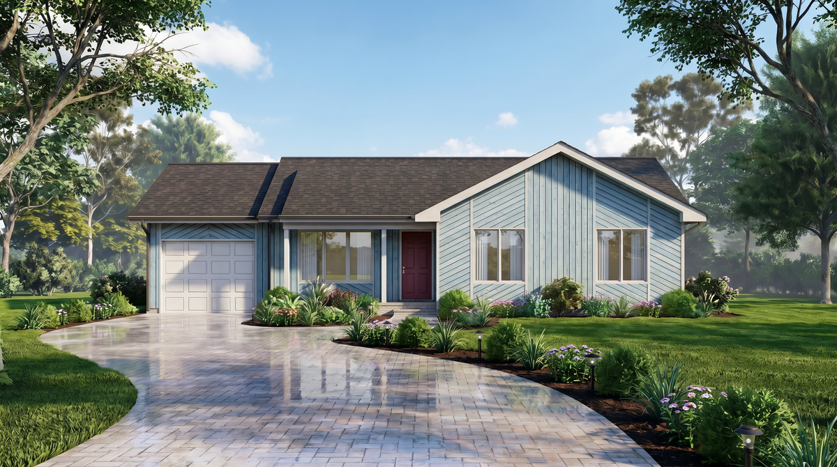 A8240-A Ranch House, 3 Bedrooms, 1.5 Bathrooms | Ethan House Plan Exterior-2
