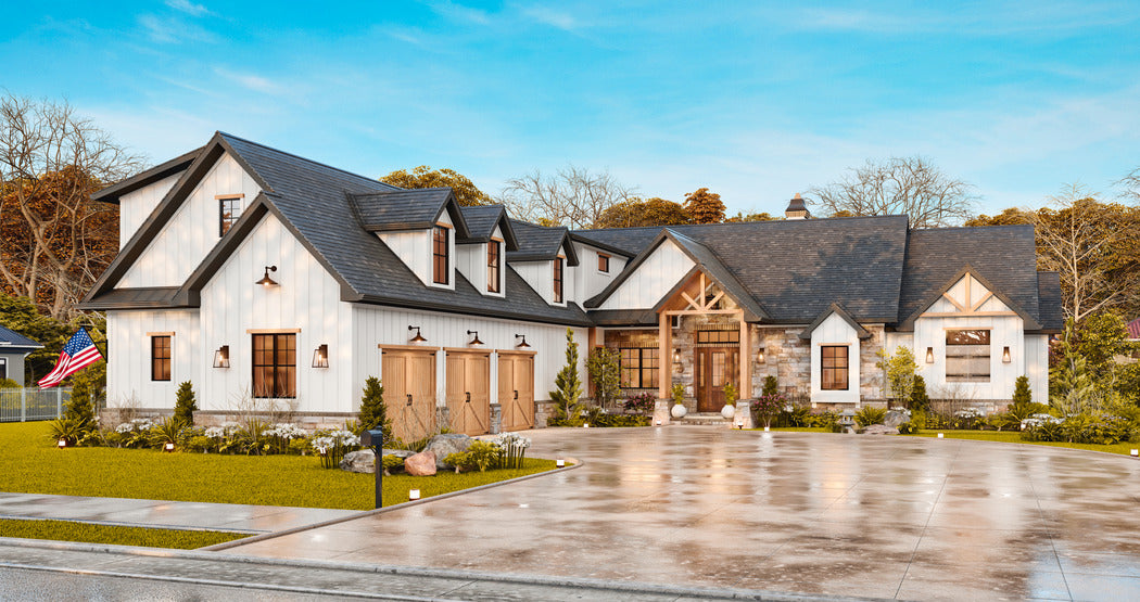 Elegant Two-Story Modern Farmhouse with Stone Accents and Spacious Garage