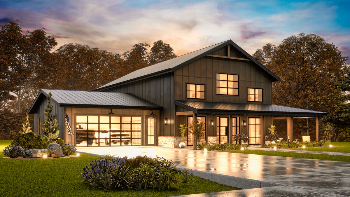 26036 Whistlewood 2 House Plan, Modern Farmhouse 3 Beds, 2.5 Baths Front Left Dusk Exterior 4