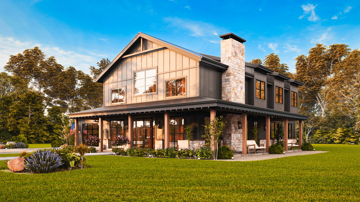 26036 Whistlewood 2 House Plan, Modern Farmhouse 3 Beds, 2.5 Baths Front Right Day Exterior