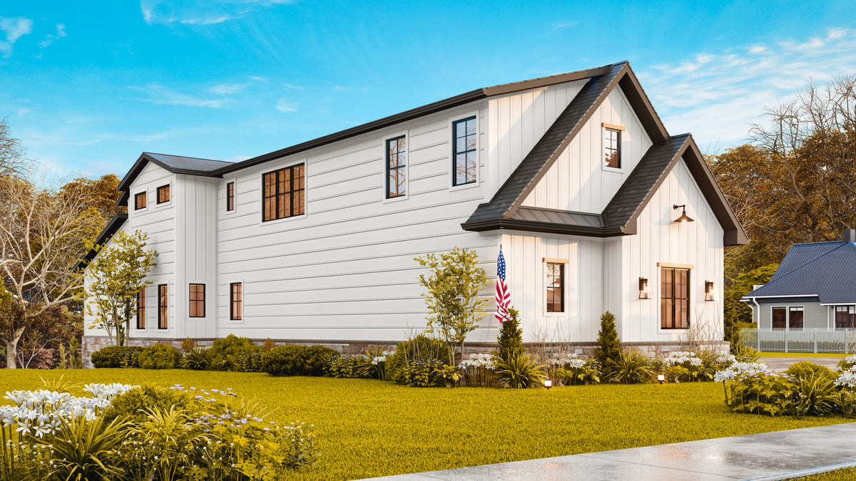 Elegant Two-Story Modern Farmhouse with Stone Accents and Spacious Garage