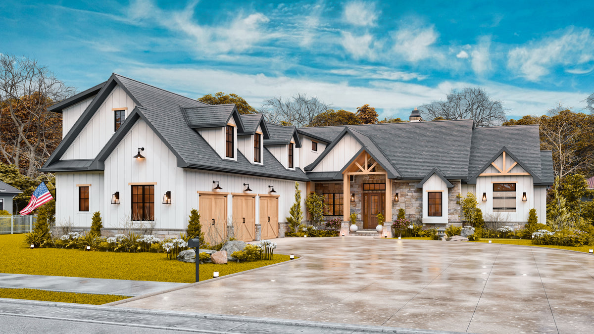 Elegant Two-Story Modern Farmhouse with Stone Accents and Spacious Garage