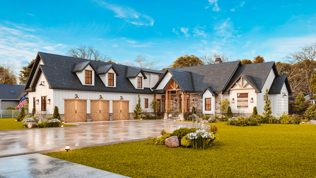 Elegant Two-Story Modern Farmhouse with Stone Accents and Spacious Garage