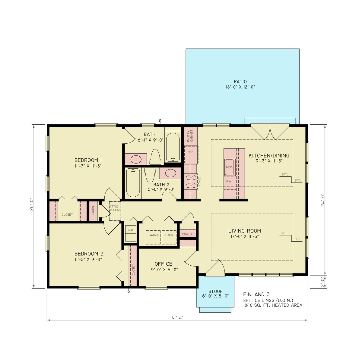 A7388-A Finland House floor Plan, 2 Bedrooms, 2 Baths