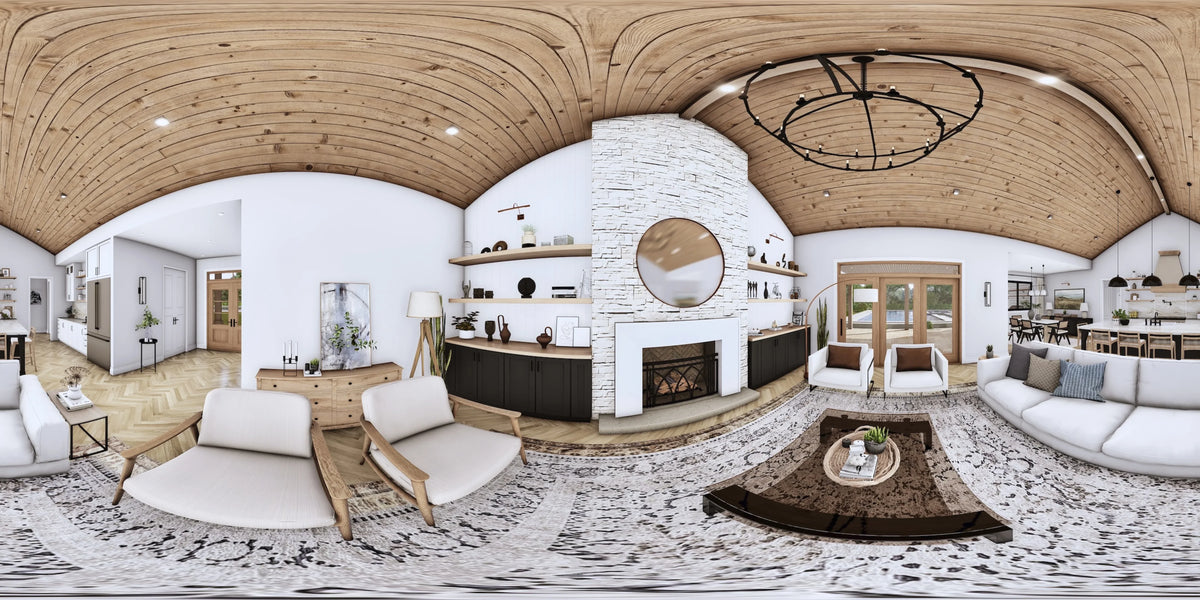 A7572-A Modern Farmhouse Great Room Panorama, 3 Bedrooms, 3.5 Bathrooms | Sweet Maple House