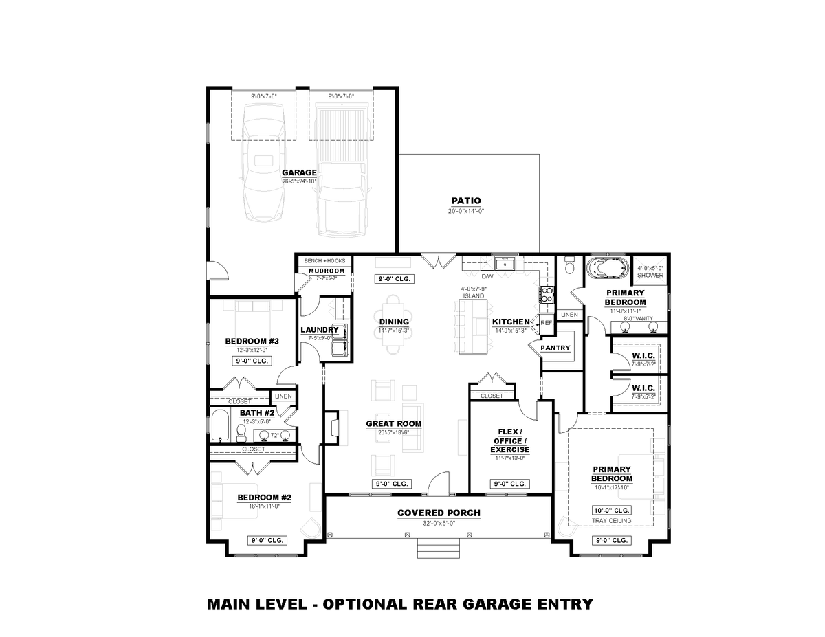 AN7899-A Modern Farmhouse First Floor Plan with Optional Rear Garage Entry, 3 Bedrooms, 2 Bathrooms | Harris 2 