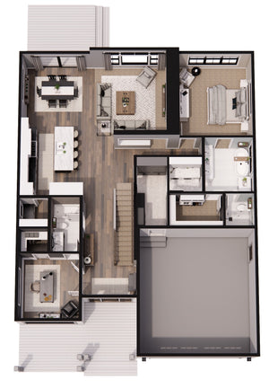 D7368-A Pinecrest House 3D First Floor Plan 3-4 Beds 3 Baths
