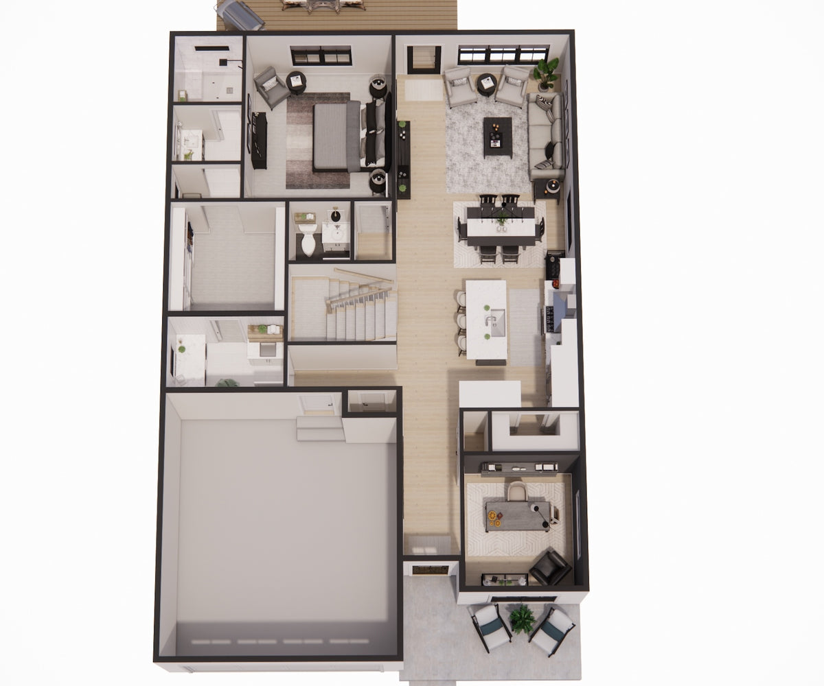 D7364-A Hagwood House 3D First Floor Plan 3 Beds 2.5 Baths