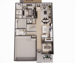 D7364-A Hagwood House 3D First Floor Plan 3 Beds 2.5 Baths