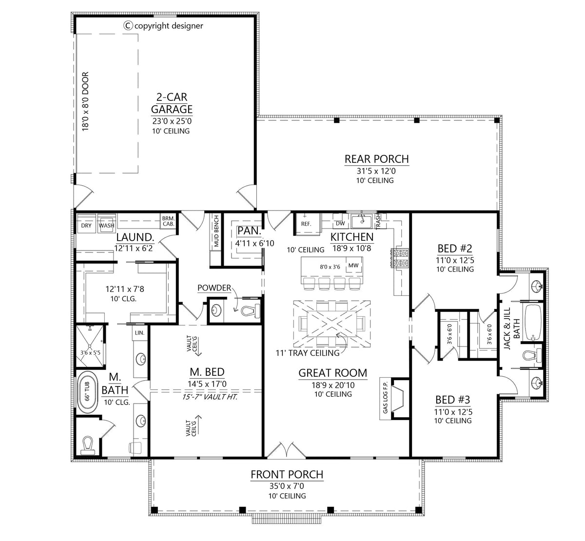 C6701-A Farmhouse House Floor Plan, 3 Bedrooms, 2.5 Bathrooms | Hickory Springs House Plan 