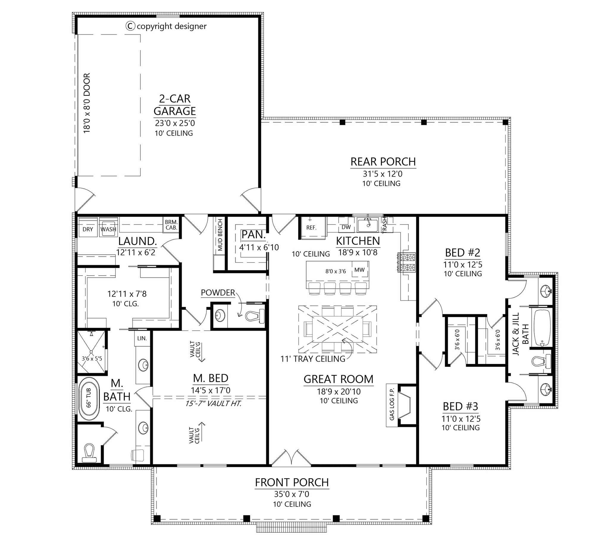 C6701-A Farmhouse House Floor Plan, 3 Bedrooms, 2.5 Bathrooms | Hickory Springs House Plan 