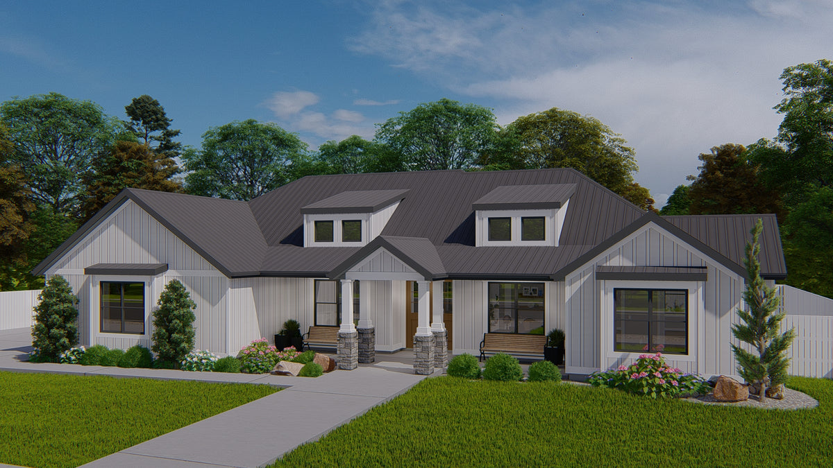 AO8481-A Modern Farmhouse Ranch House, 3 Bedrooms, 2.5 Bathrooms | Halifax House Plan Exterior-2