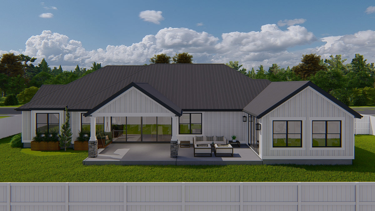 AO8481-A Modern Farmhouse Ranch House, 3 Bedrooms, 2.5 Bathrooms | Halifax House Plan Exterior-4