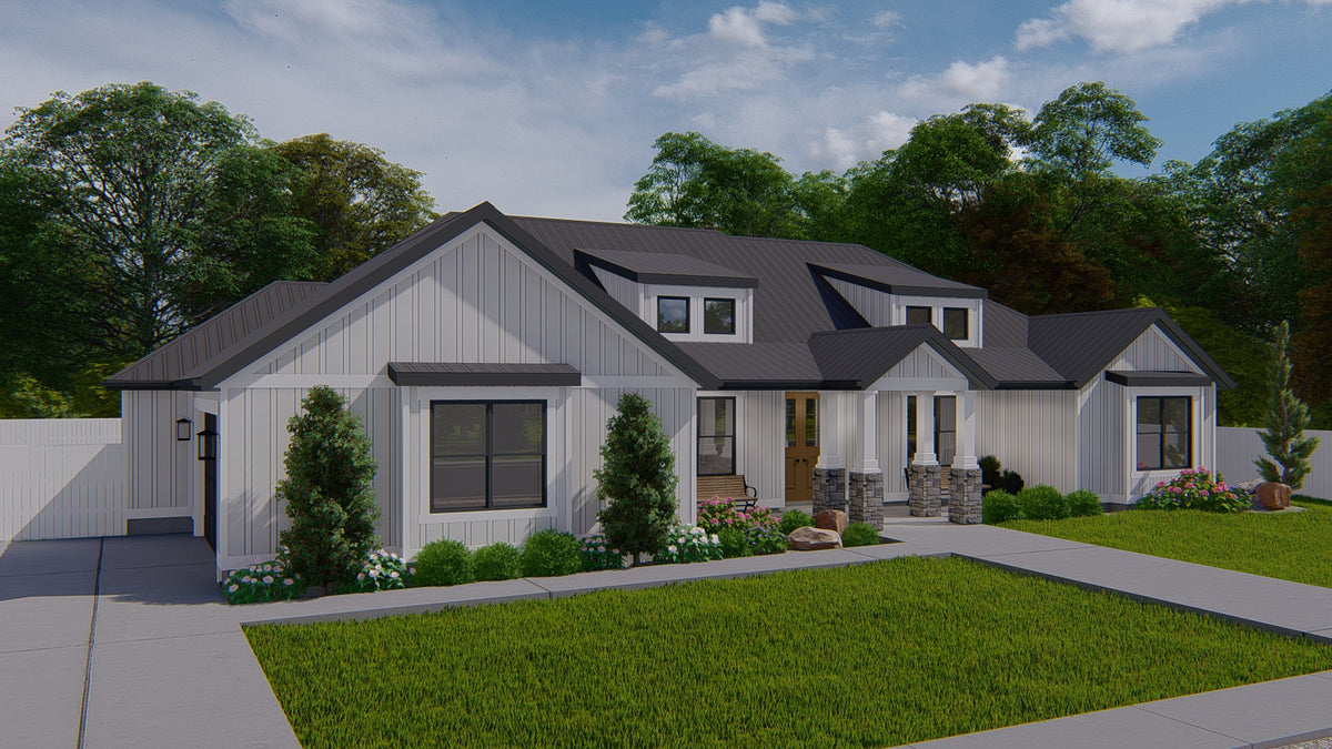 AO8481-A Modern Farmhouse Ranch House, 3 Bedrooms, 2.5 Bathrooms | Halifax House Plan Exterior-7