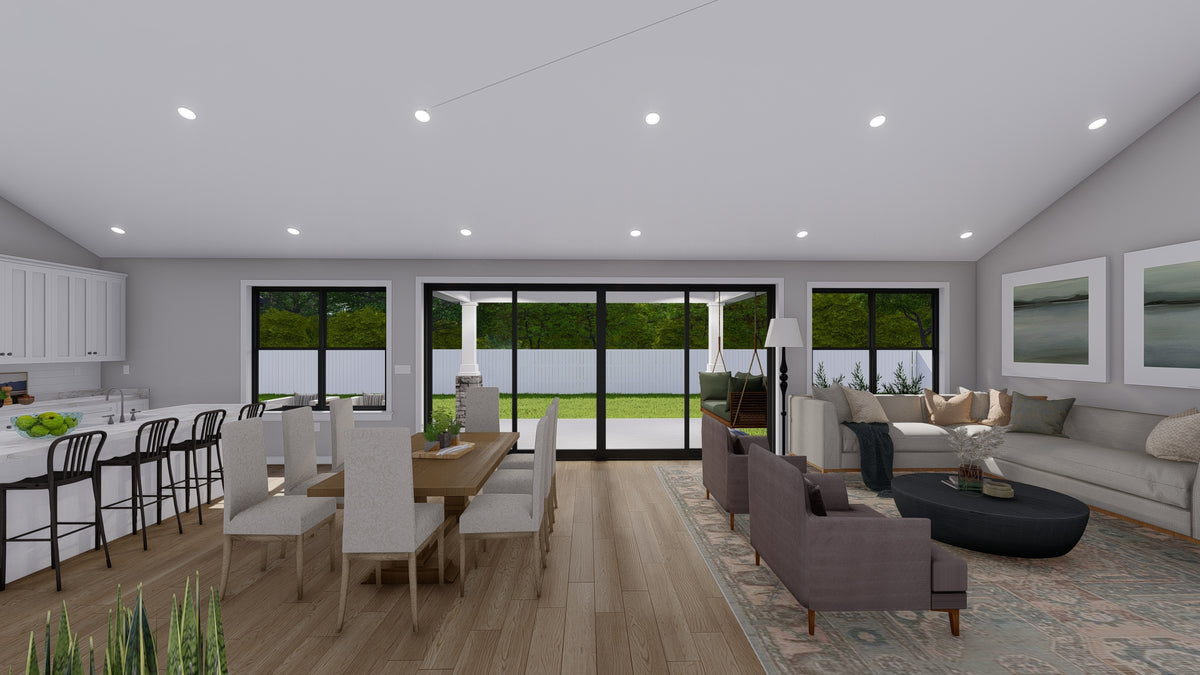 AO8481-A Modern Farmhouse Ranch House, 3 Bedrooms, 2.5 Bathrooms | Halifax House Plan Dining and Great Room