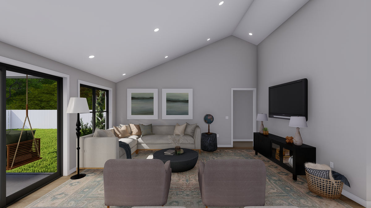 AO8481-A Modern Farmhouse Ranch House, 3 Bedrooms, 2.5 Bathrooms | Halifax House Plan Great Room