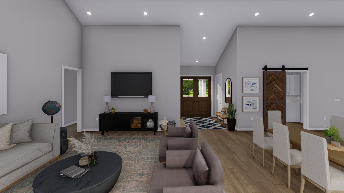 AO8481-A Modern Farmhouse Ranch House, 3 Bedrooms, 2.5 Bathrooms | Halifax House Plan Great Room