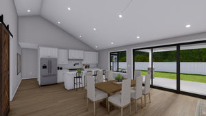 AO8481-A Modern Farmhouse Ranch House, 3 Bedrooms, 2.5 Bathrooms | Halifax House Plan Dining and Kitchen