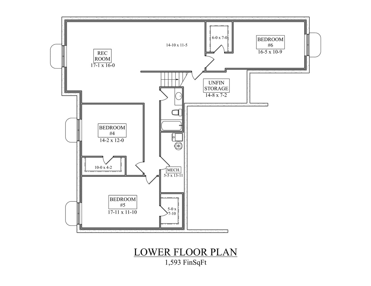 I8356-A Modern Ranch House Basement Floor Plan, 3 Bedrooms, 2.5 Bathrooms | Hickory II House Plan 