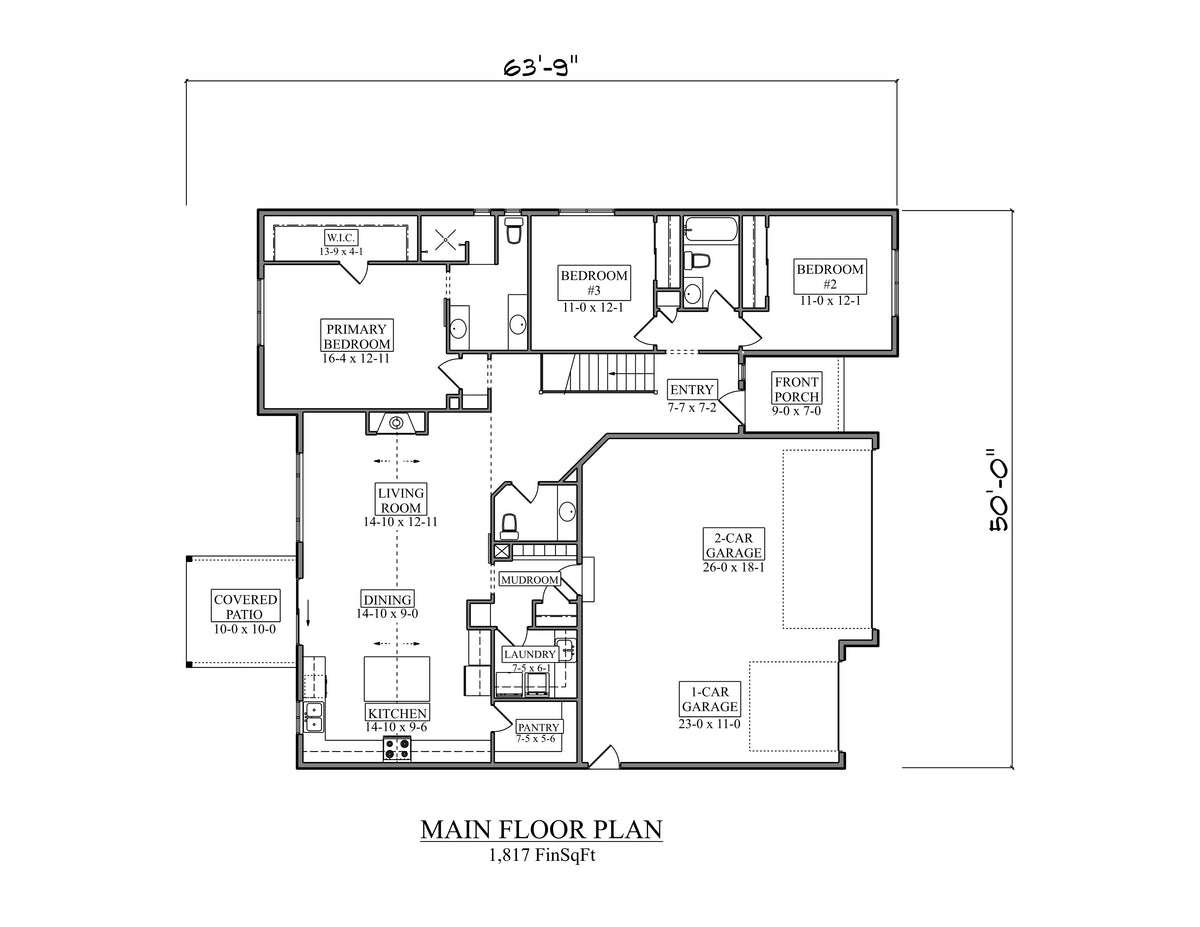 I8356-A Modern Ranch House First Floor Plan, 3 Bedrooms, 2.5 Bathrooms | Hickory II House Plan 