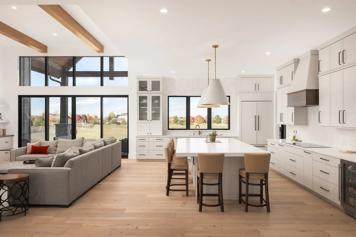 I7632-A Modern Ranch House Kitchen and Great Room, 2 Bedrooms, 2.5 Bathrooms | The Gilroy Lane House Plan 