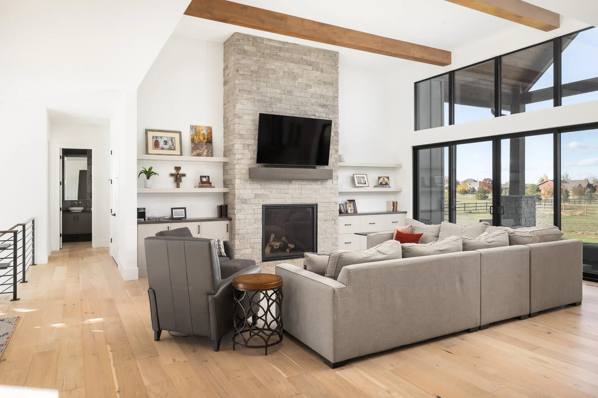 I7632-A Modern Ranch House Great Room, 2 Bedrooms, 2.5 Bathrooms | The Gilroy Lane House Plan 