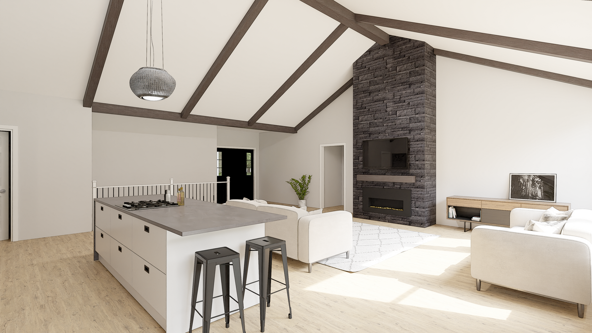 AJ7693-A Farmhouse Ranch House Kitchen and Great Room, 3 Bedrooms, 2 Bathrooms | Plan 1031 