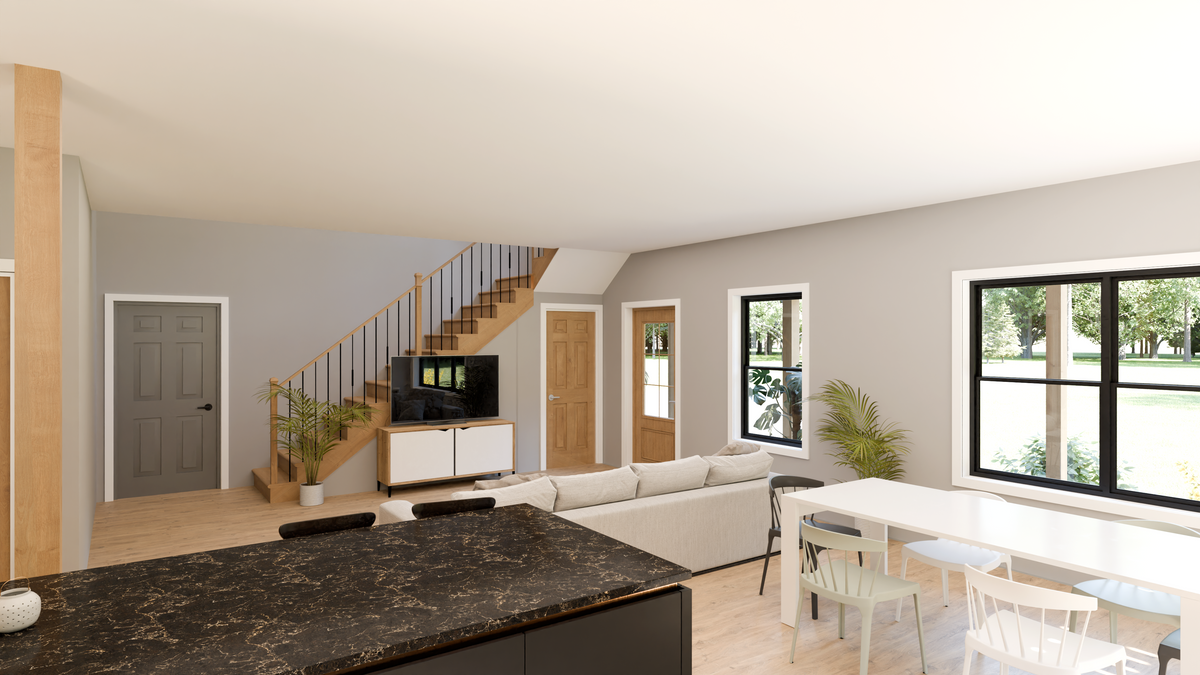 AJ7694-A Barndominium House Dining, Living and Stairs, 3 Bedrooms, 2.5 Bathrooms | Plan 1036 