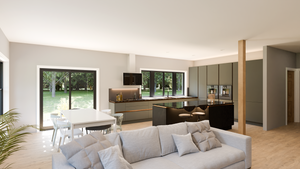 AJ7694-A Barndominium House Living Room, 3 Bedrooms, 2.5 Bathrooms | Plan 1036 