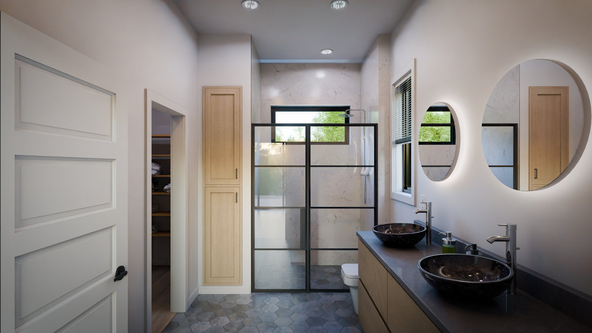 AJ7706-A Modern Ranch House Master Bathroom, 3 Bedrooms, 2.5 Bathrooms | Plan 1053 