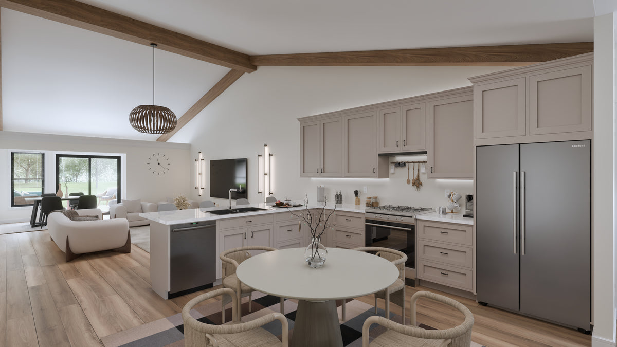 AJ7703-A Modern Barn House Dining and Kitchen, 2 Bedrooms, 2 Bathrooms | Plan 1049 