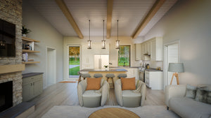 AJ7705-A Contemporary House Kitchen and Living Room, 1 Bedroom, 1.5 Bathroom | Plan 1052 