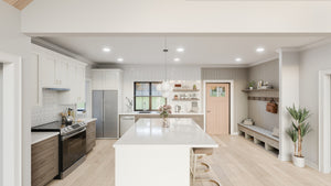 AJ7709-A Modern Barndominium House Kitchen, 2 Bedrooms, 2 Bathrooms | Plan 1058 