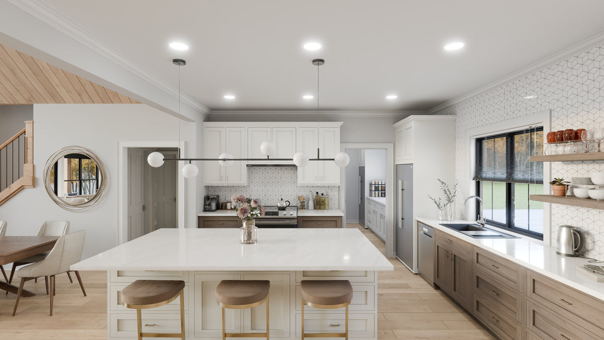 AJ7709-A Modern Barndominium House Kitchen, 2 Bedrooms, 2 Bathrooms | Plan 1058 