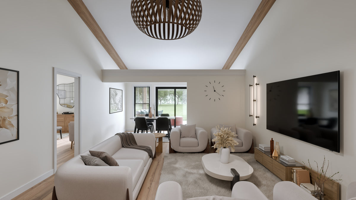 AJ7703-A Modern Barn House Great Room, 2 Bedrooms, 2 Bathrooms | Plan 1049 