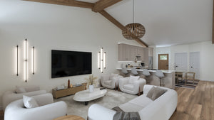 AJ7703-A Modern Barn House Great Room, 2 Bedrooms, 2 Bathrooms | Plan 1049 
