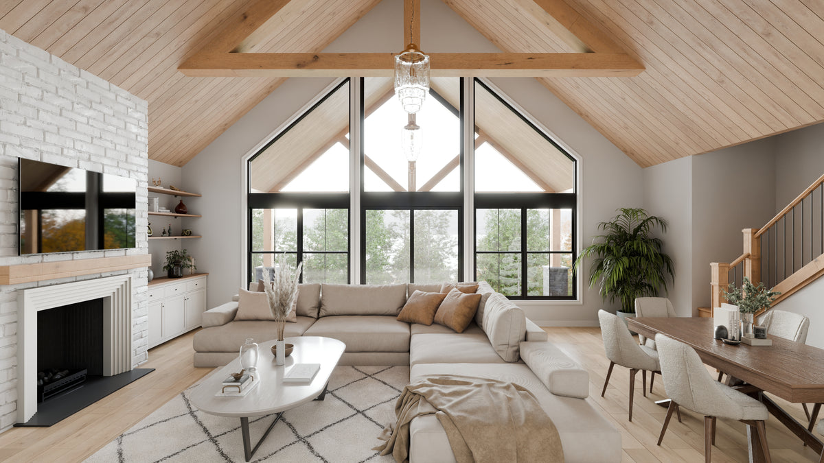 AJ7709-A Modern Barndominium House Great Room, 2 Bedrooms, 2 Bathrooms | Plan 1058 