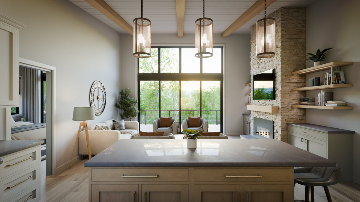 AJ7706-A Modern Ranch House Living Room, 3 Bedrooms, 2.5 Bathrooms | Plan 1053 