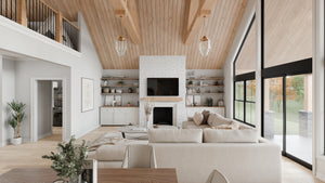 AJ7709-A Modern Barndominium House Great Room, 2 Bedrooms, 2 Bathrooms | Plan 1058 