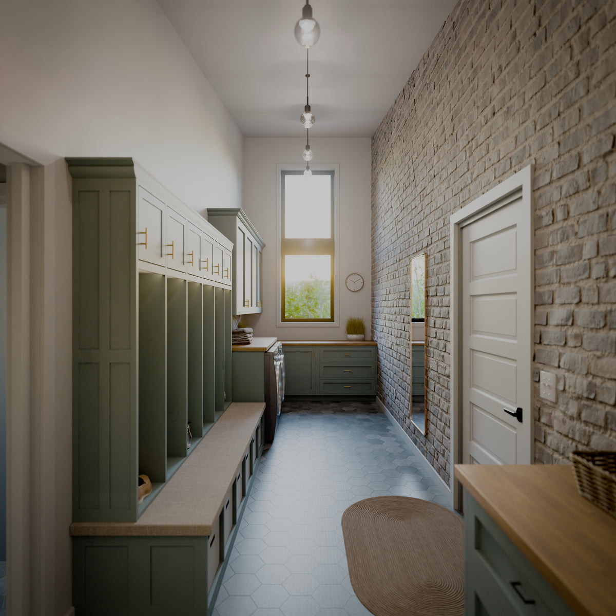 AJ7706-A Modern Ranch House Mud Room, 3 Bedrooms, 2.5 Bathrooms | Plan 1053 