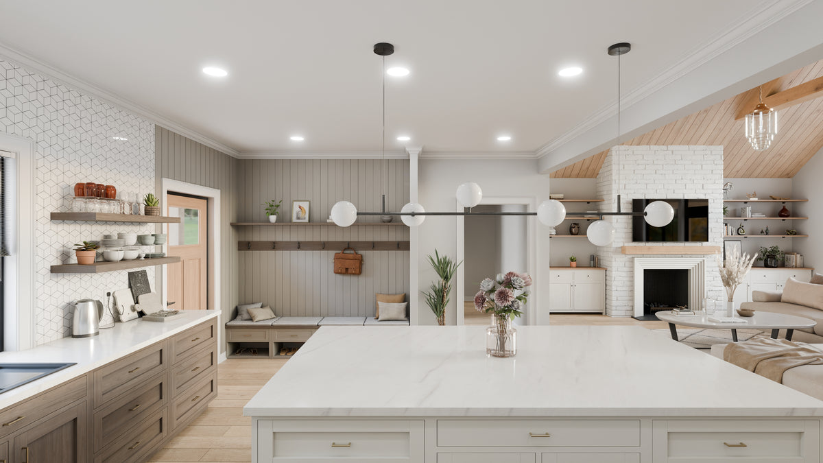 AJ7709-A Modern Barndominium House Mud Room, 2 Bedrooms, 2 Bathrooms | Plan 1058 