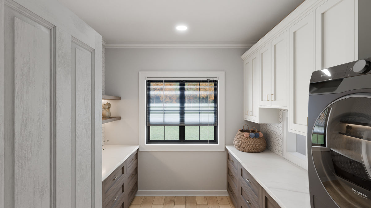 AJ7709-A Modern Barndominium House Laundry, 2 Bedrooms, 2 Bathrooms | Plan 1058 