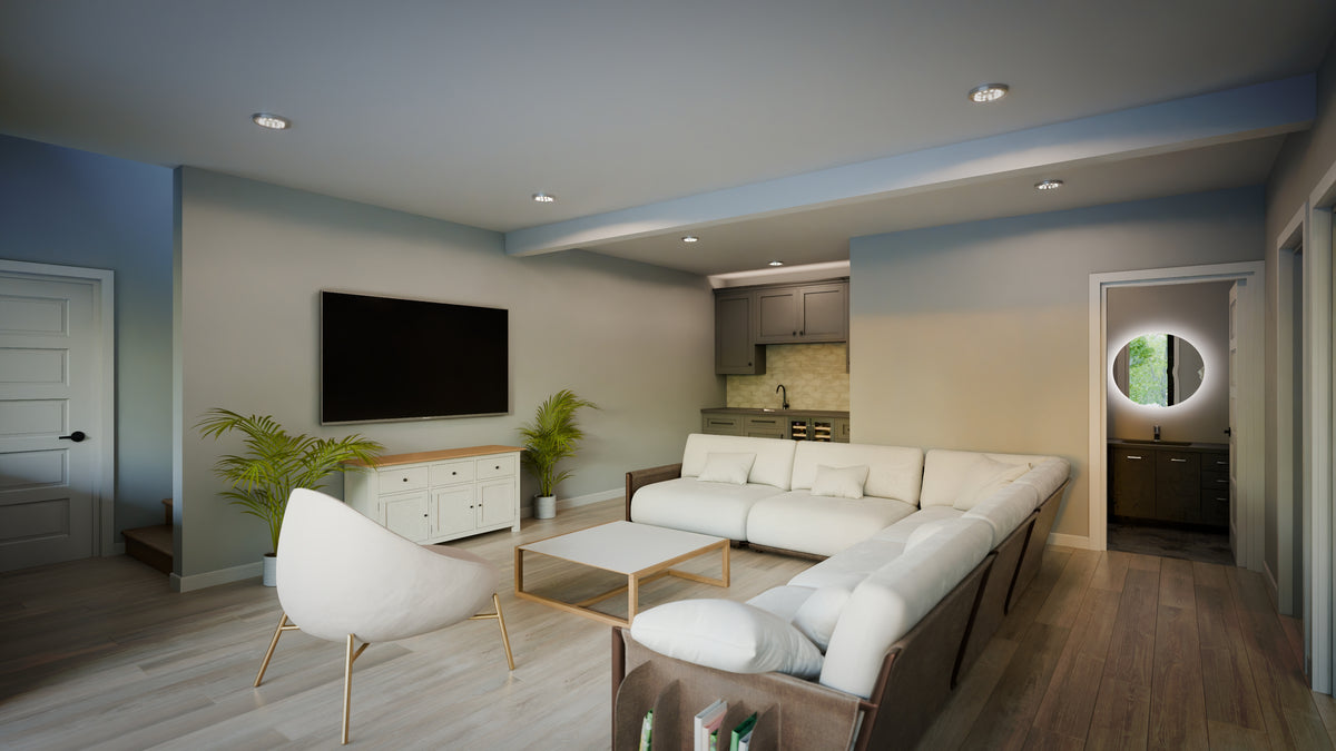 AJ7706-A Modern Ranch House Recreational Room, 3 Bedrooms, 2.5 Bathrooms | Plan 1053 