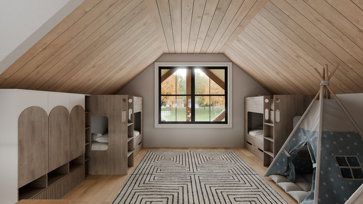 AJ7709-A Modern Barndominium House Loft, 2 Bedrooms, 2 Bathrooms | Plan 1058 
