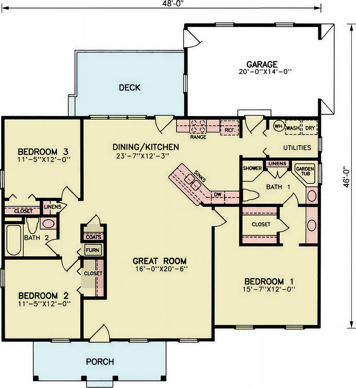 A8188-A Ranch House First Floor Plan, 3 Bedrooms, 2 Bathrooms | Jericho House Plan 